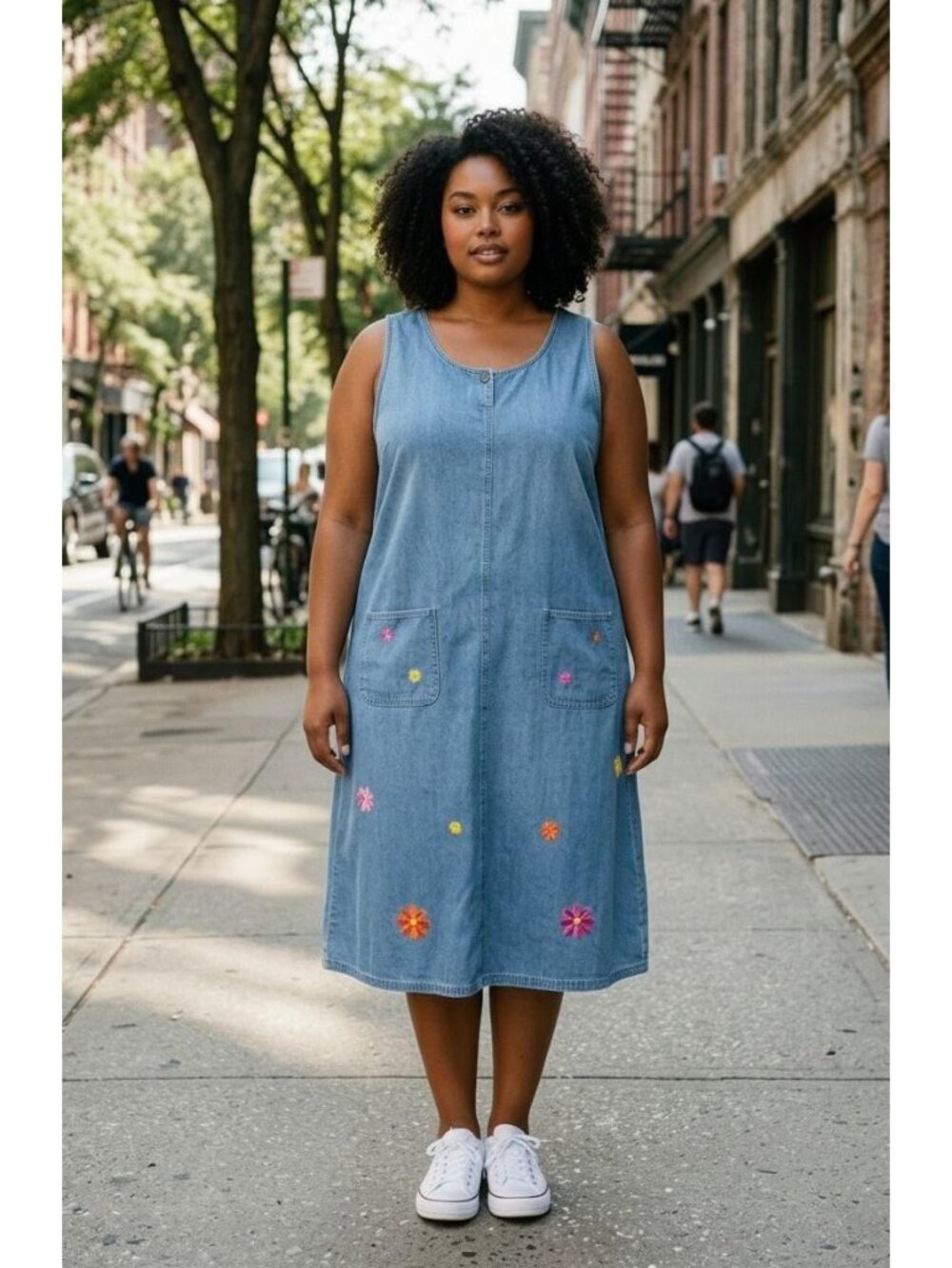 Vintage TY Wear Denim Dress Women 20W Blue Floral Embroidered Pockets Midi